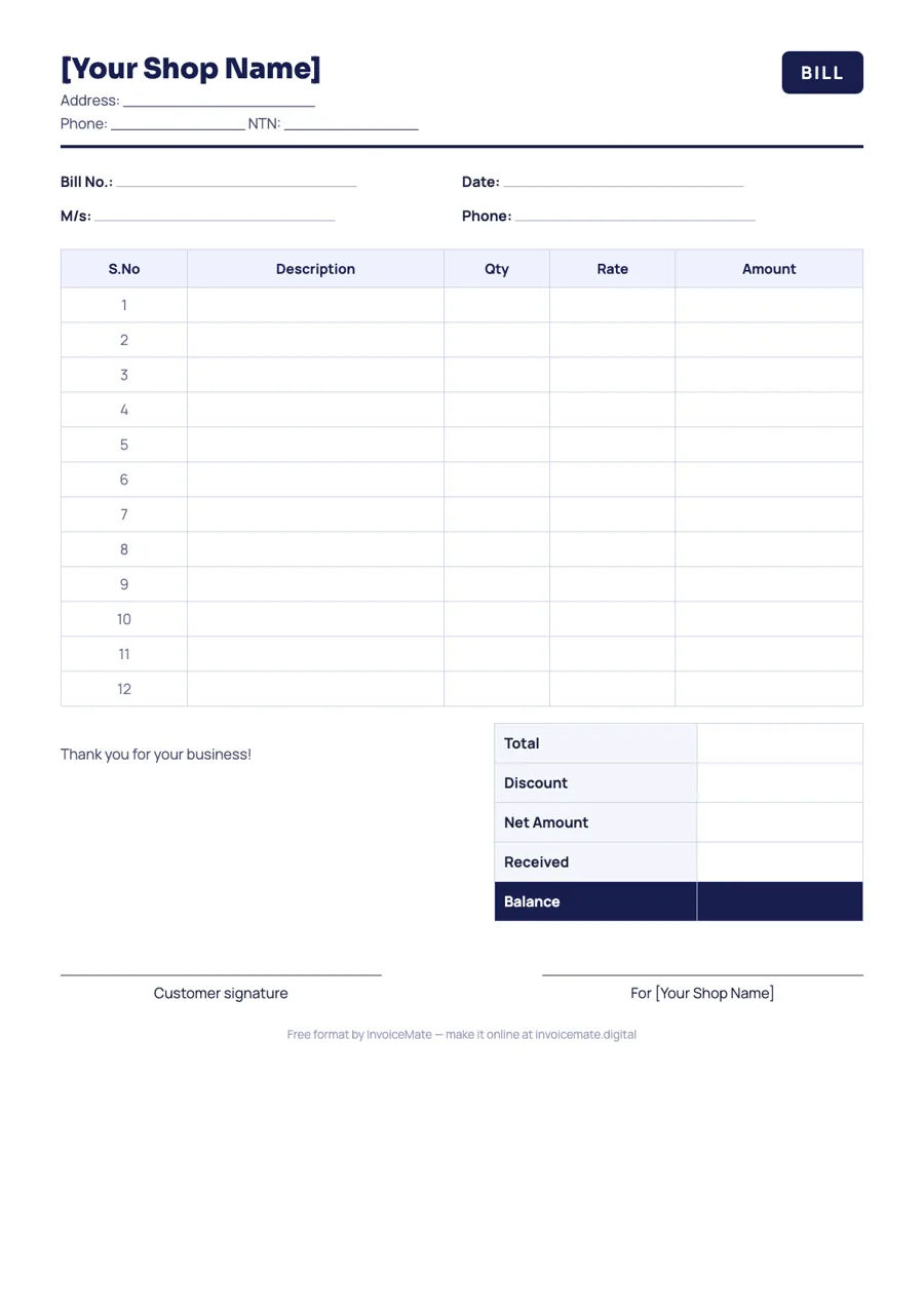 Bill book format