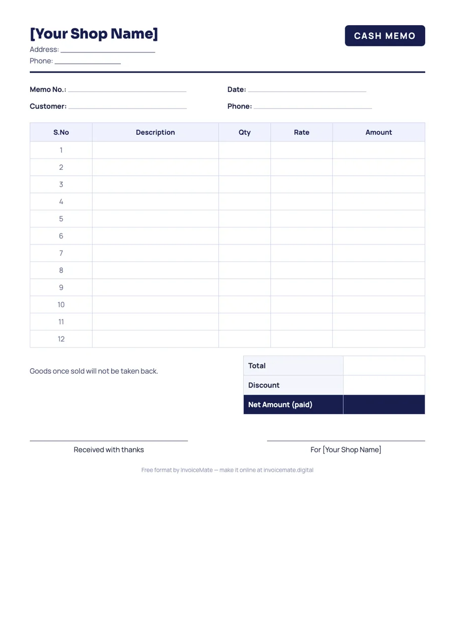 Cash memo format