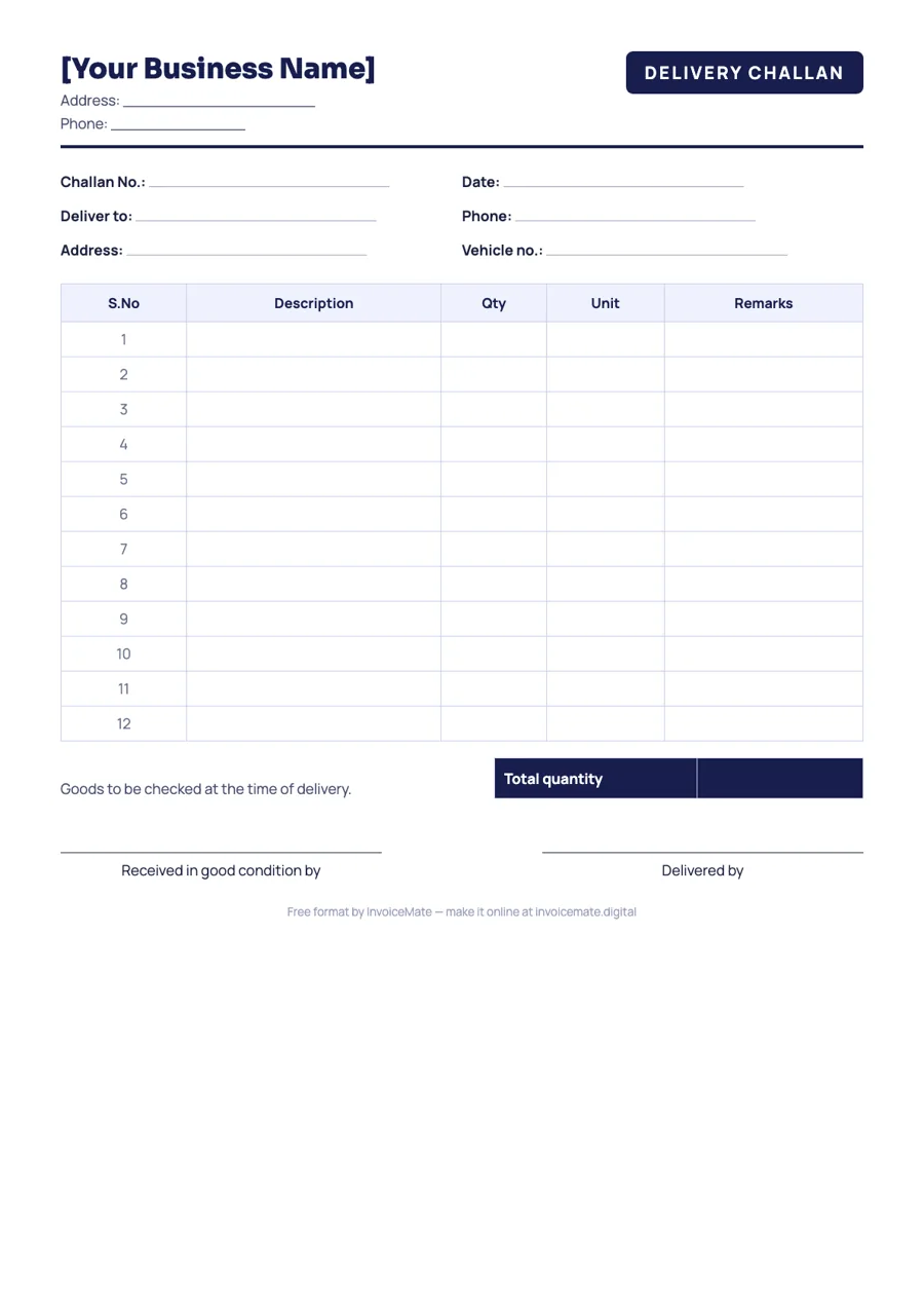 Delivery challan format