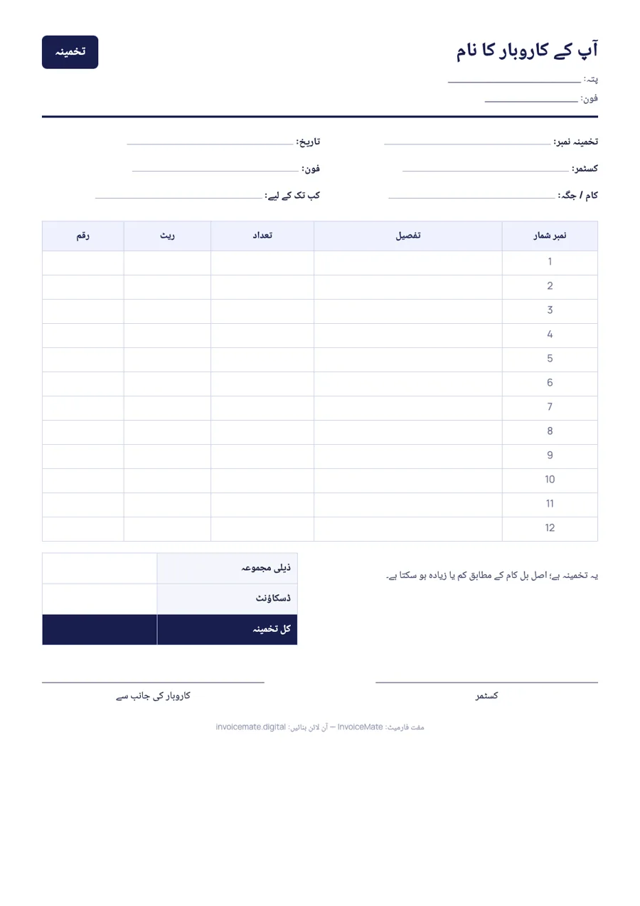 اردو تخمینہ فارمیٹ