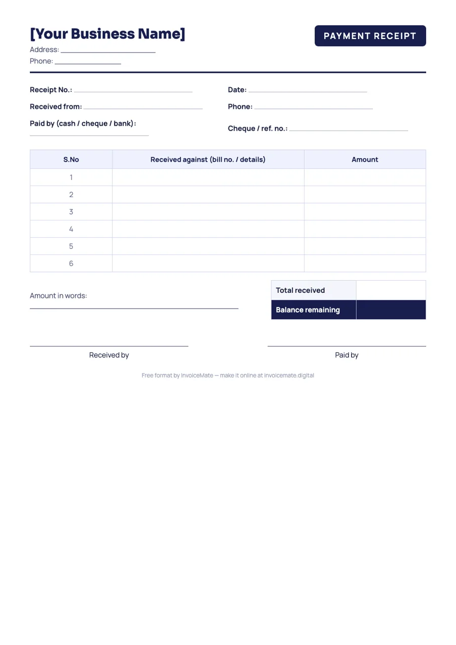 Payment receipt format